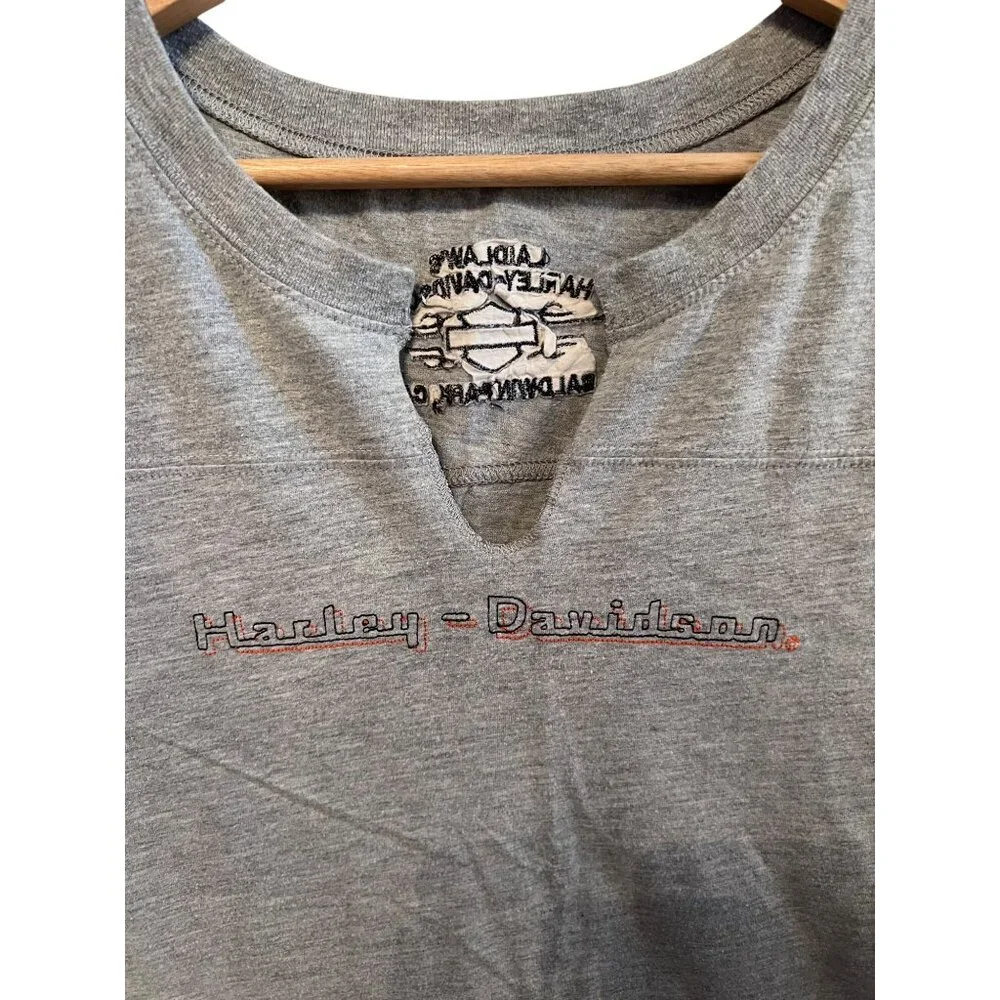 Harley Davidson Gray Tee Short Sleeve Tshirt Cutout Neck Women's Size L Y2K - Picture 2 of 6